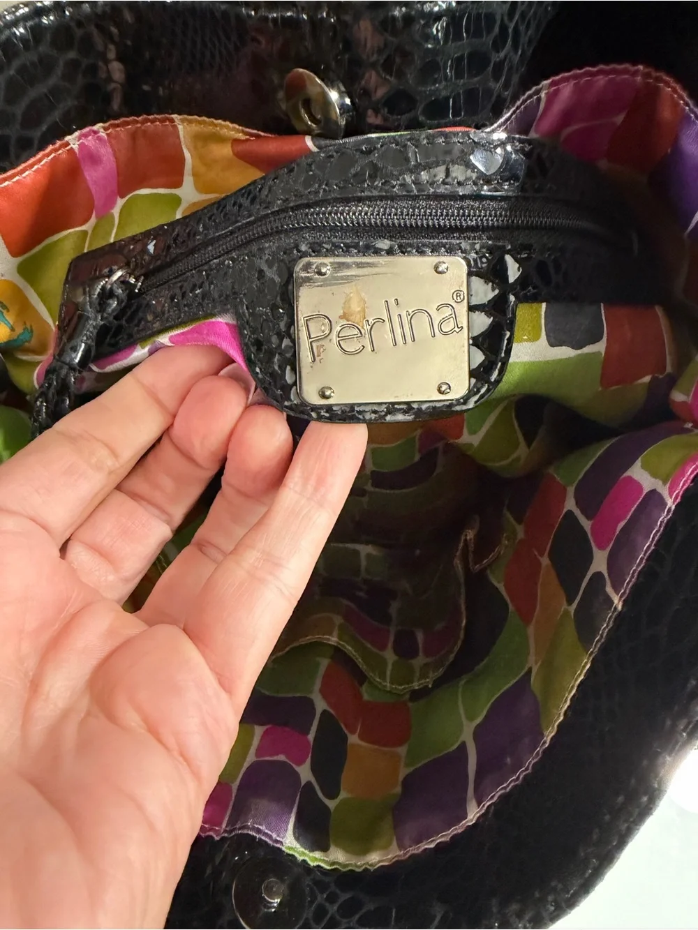 Perlina Black Snakeskin embossed patent leather Bow Shoulder Bag